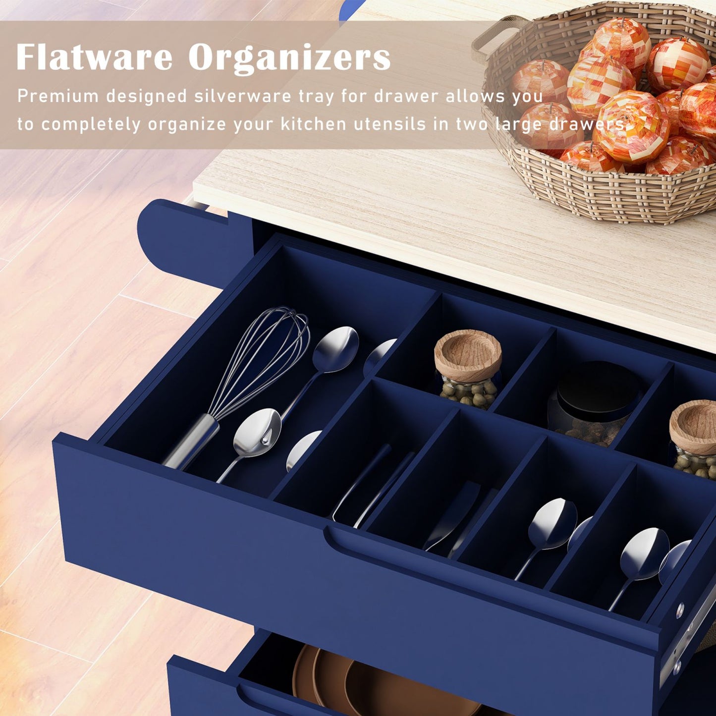 Melysen Kitchen Cart with Rubber Wood Countertop , Kitchen Island has 8 Handle-Free Drawers Including a Flatware Organizer and 5 Wheels for Kitchen Dinning Room, Dark Blue