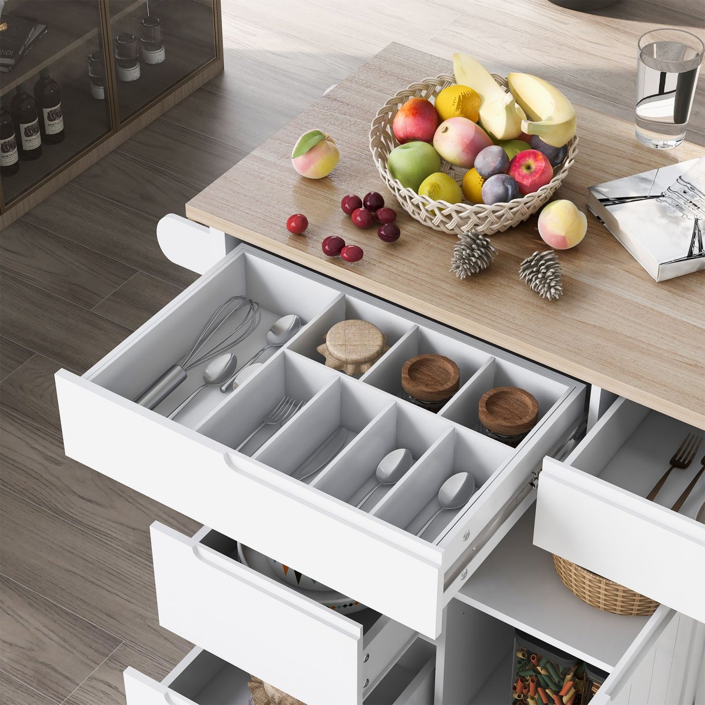 Melysen Kitchen Cart with Rubber Wood Countertop , Kitchen Island has 8 Handle-Free Drawers Including a Flatware Organizer and 5 Wheels for Kitchen Dinning Room, White