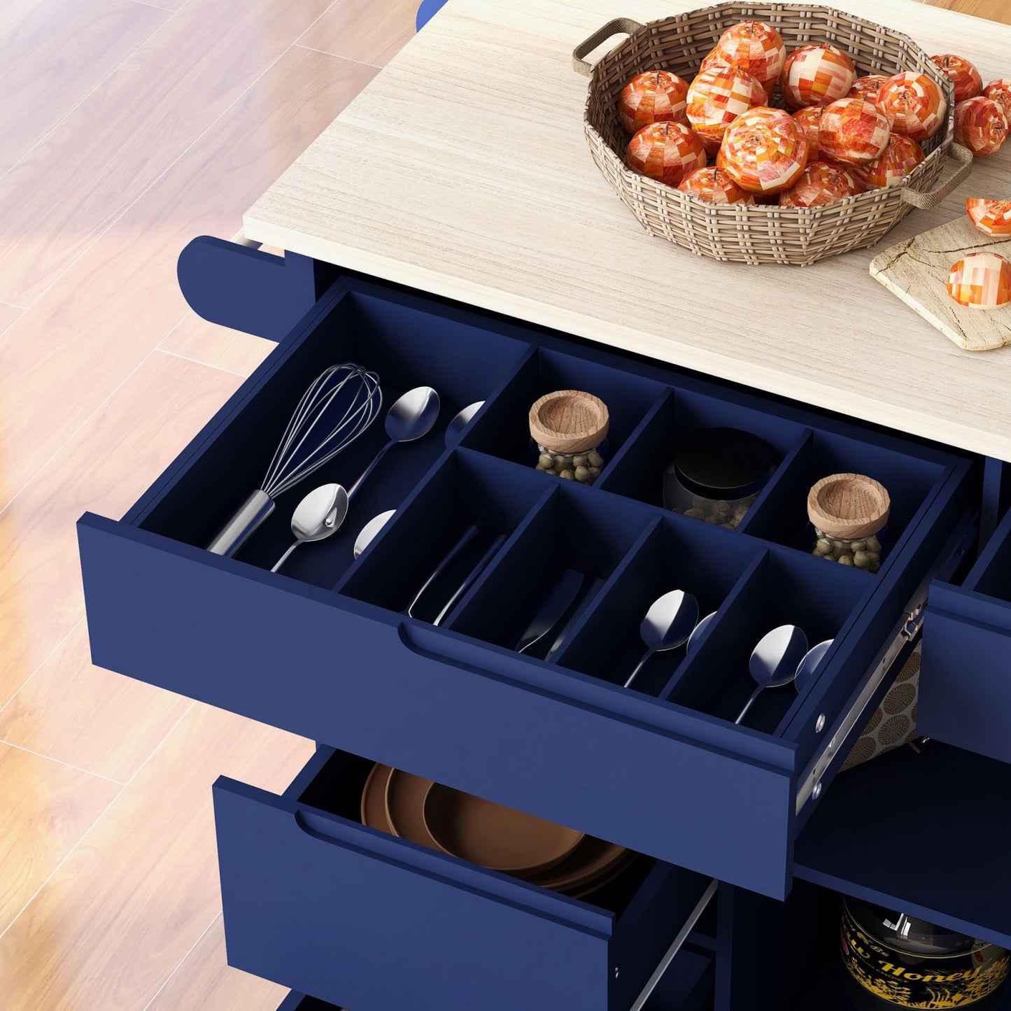 Melysen Kitchen Cart with Rubber Wood Countertop , Kitchen Island has 8 Handle-Free Drawers Including a Flatware Organizer and 5 Wheels for Kitchen Dinning Room, Dark Blue