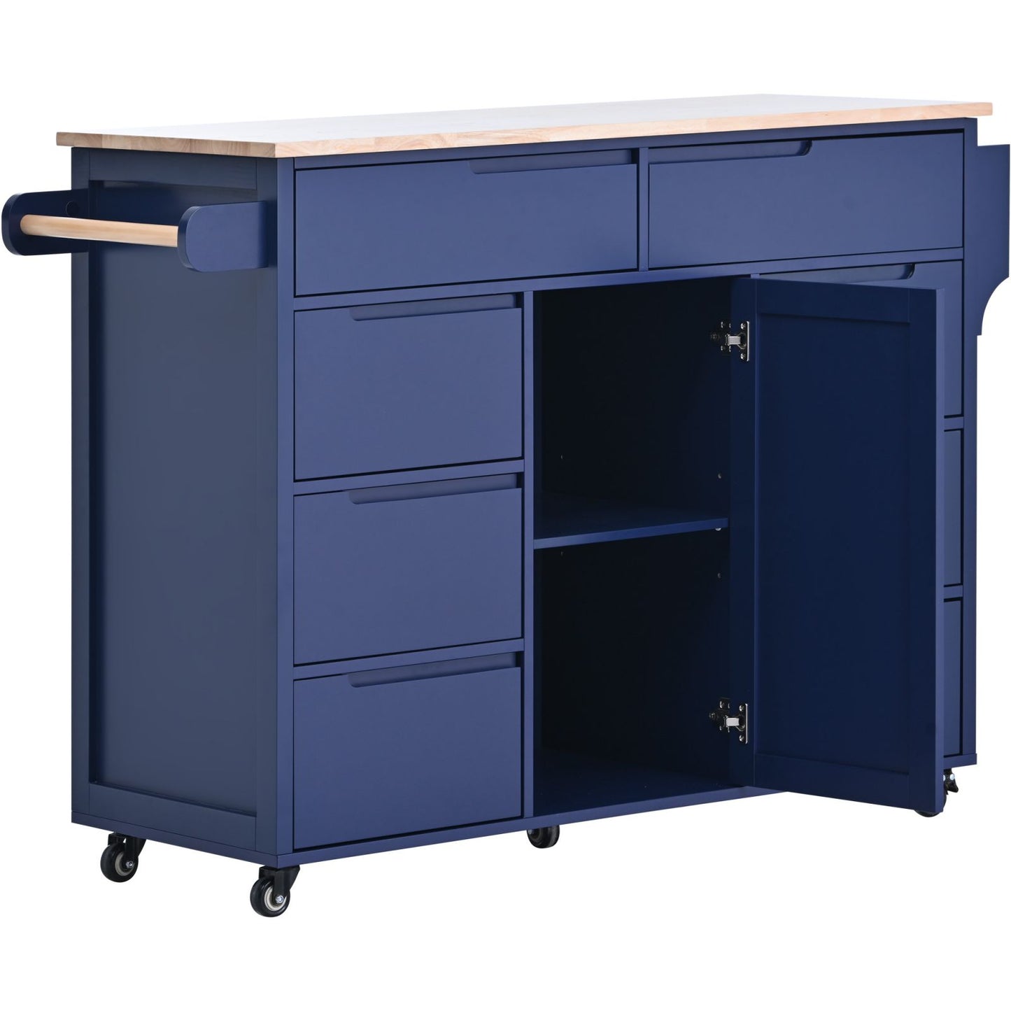 Melysen Kitchen Cart with Rubber Wood Countertop , Kitchen Island has 8 Handle-Free Drawers Including a Flatware Organizer and 5 Wheels for Kitchen Dinning Room, Dark Blue