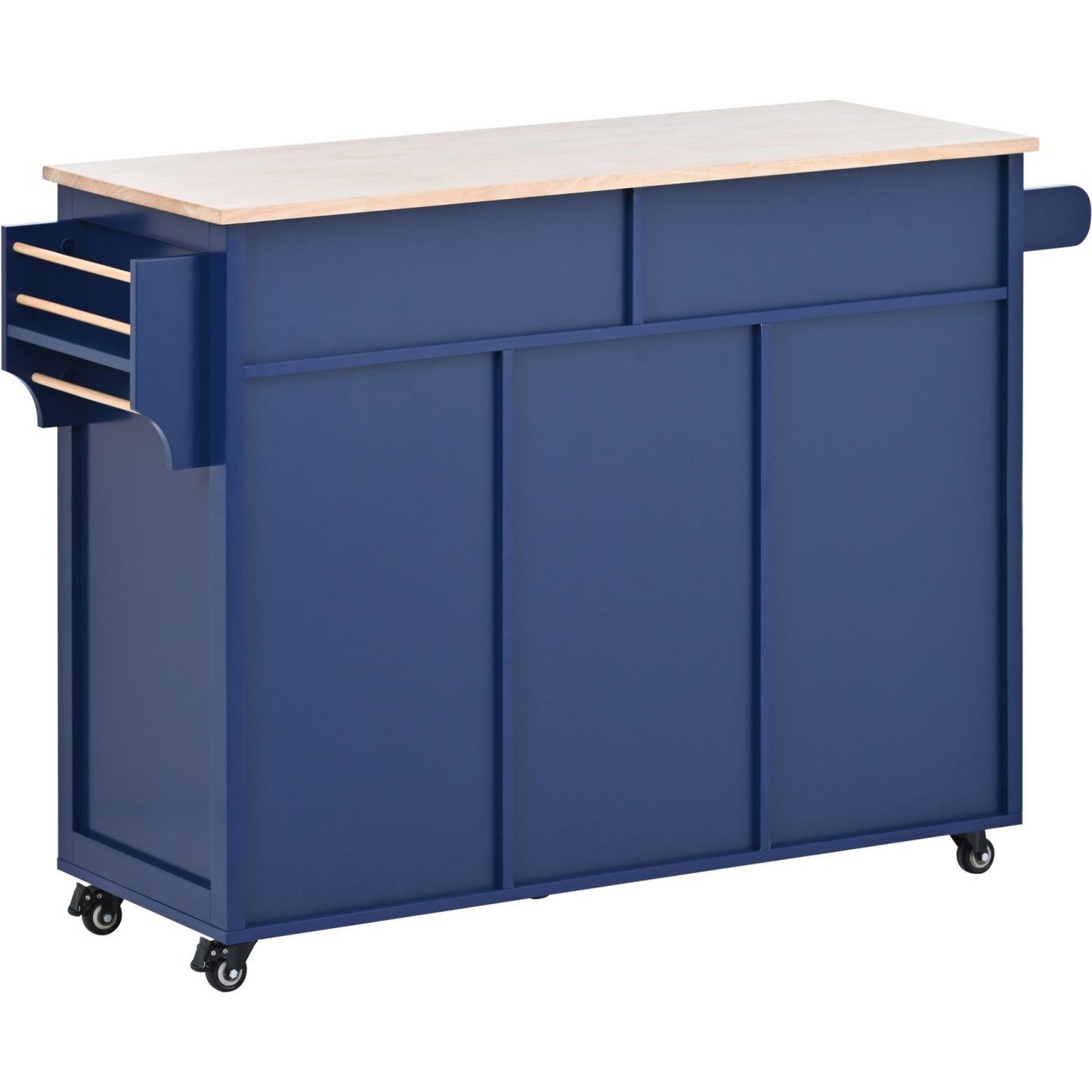 Melysen Kitchen Cart with Rubber Wood Countertop , Kitchen Island has 8 Handle-Free Drawers Including a Flatware Organizer and 5 Wheels for Kitchen Dinning Room, Dark Blue