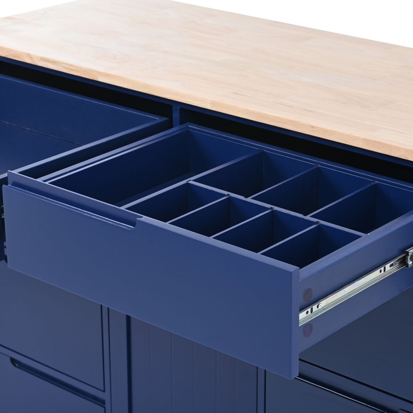 Melysen Kitchen Cart with Rubber Wood Countertop , Kitchen Island has 8 Handle-Free Drawers Including a Flatware Organizer and 5 Wheels for Kitchen Dinning Room, Dark Blue