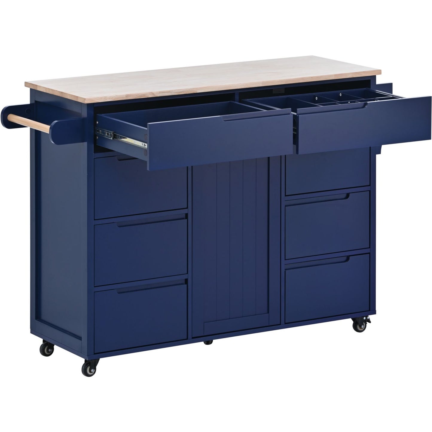 Melysen Kitchen Cart with Rubber Wood Countertop , Kitchen Island has 8 Handle-Free Drawers Including a Flatware Organizer and 5 Wheels for Kitchen Dinning Room, Dark Blue