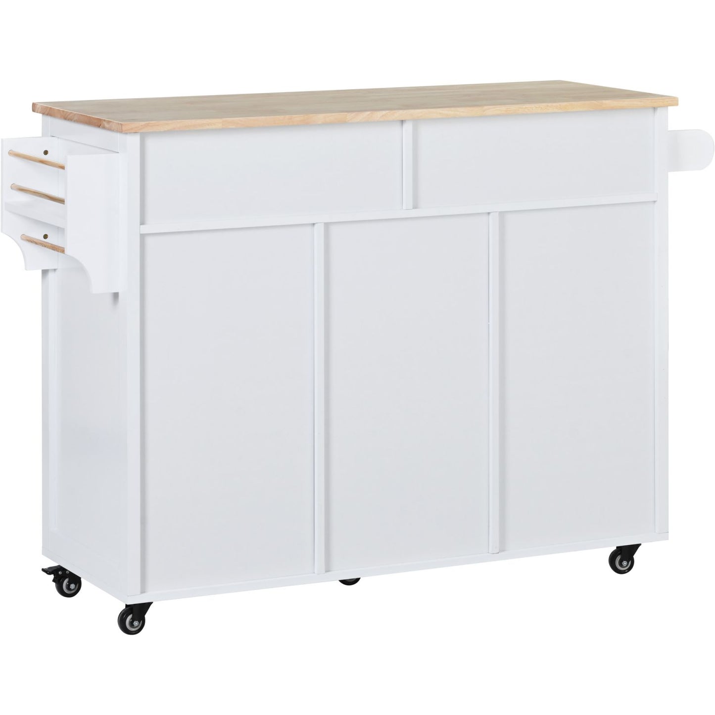 Melysen Kitchen Cart with Rubber Wood Countertop , Kitchen Island has 8 Handle-Free Drawers Including a Flatware Organizer and 5 Wheels for Kitchen Dinning Room, White