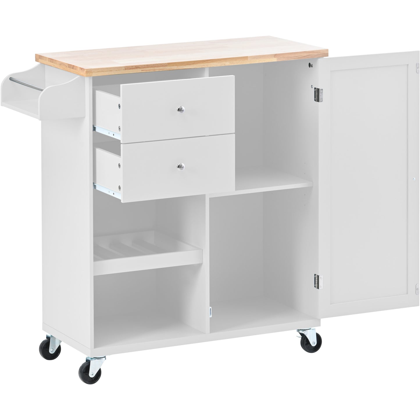 Melysen Kitchen Cart with Spice Rack ,Towel Rack & Two Drawers,Rubber wood top,Kitchen Island with 4 Wheels for Dining Rooms Kitchens Living Rooms, White