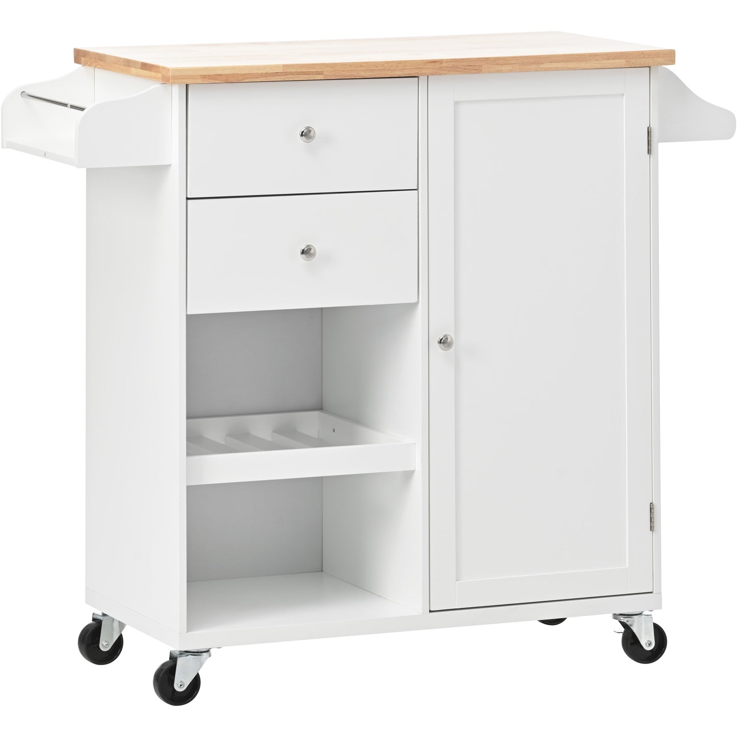 Melysen Kitchen Cart with Spice Rack ,Towel Rack & Two Drawers,Rubber wood top,Kitchen Island with 4 Wheels for Dining Rooms Kitchens Living Rooms, White