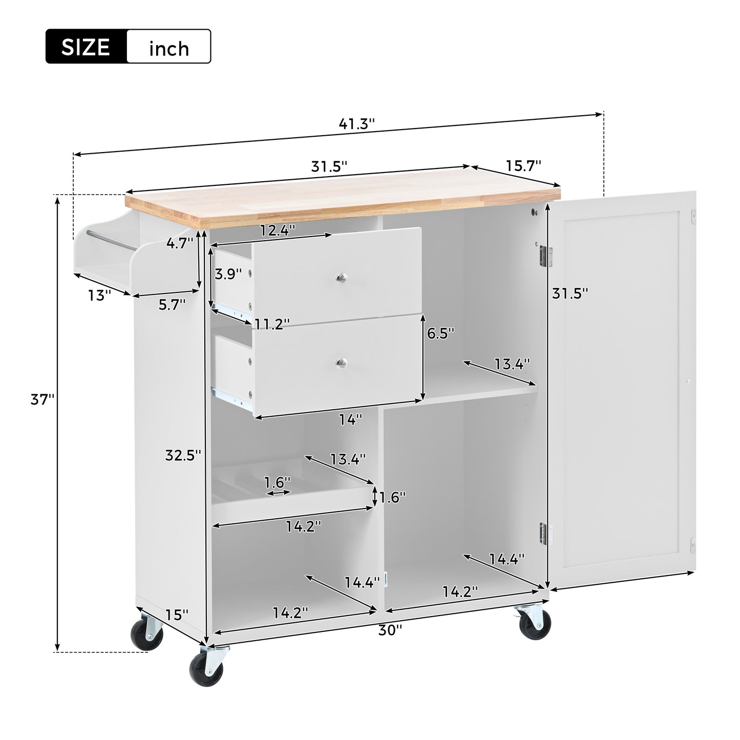 Melysen Kitchen Cart with Spice Rack ,Towel Rack & Two Drawers,Rubber wood top,Kitchen Island with 4 Wheels for Dining Rooms Kitchens Living Rooms, White