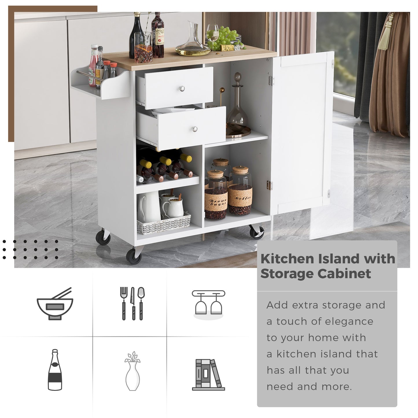 Melysen Kitchen Cart with Spice Rack ,Towel Rack & Two Drawers,Rubber wood top,Kitchen Island with 4 Wheels for Dining Rooms Kitchens Living Rooms, White