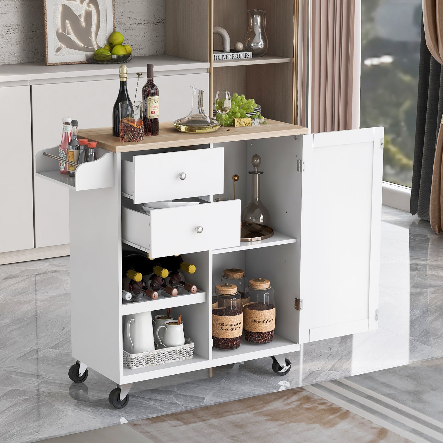 Melysen Kitchen Cart with Spice Rack ,Towel Rack & Two Drawers,Rubber wood top,Kitchen Island with 4 Wheels for Dining Rooms Kitchens Living Rooms, White