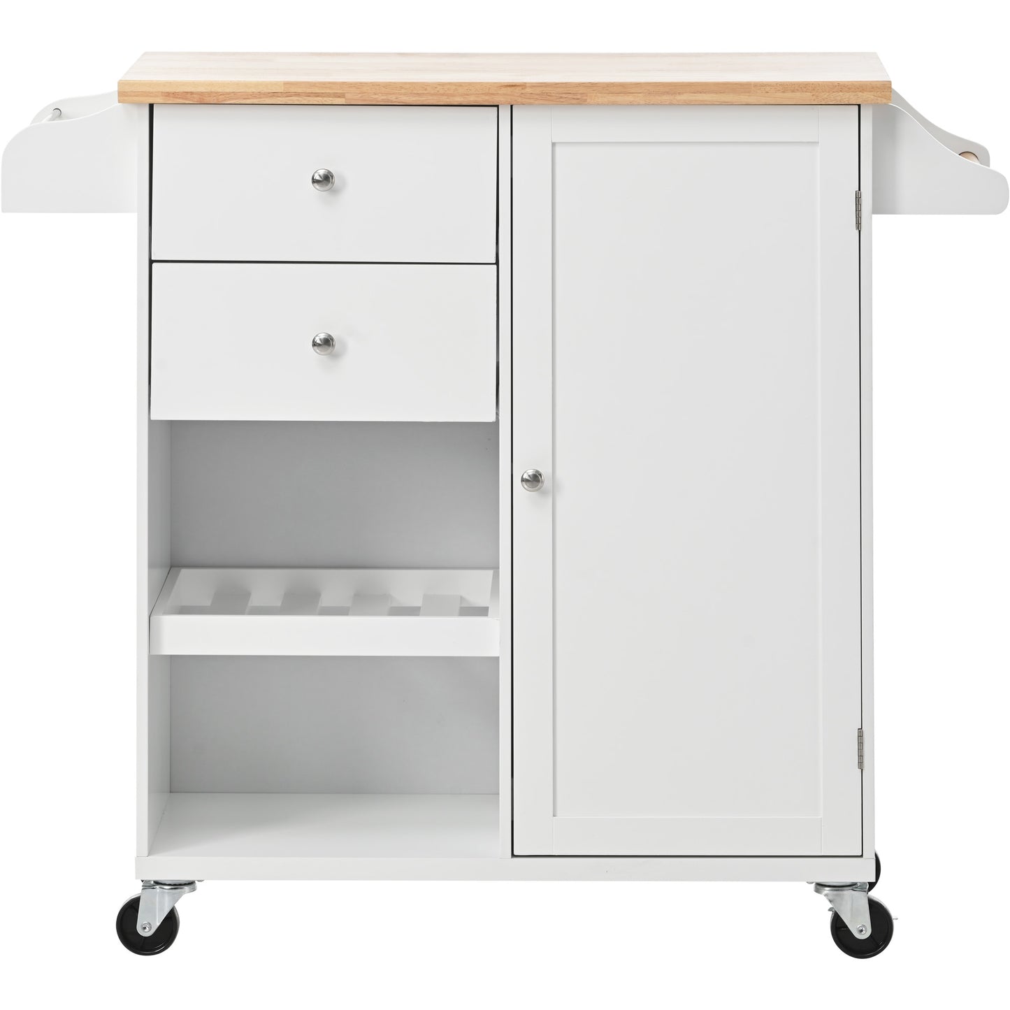 Melysen Kitchen Cart with Spice Rack ,Towel Rack & Two Drawers,Rubber wood top,Kitchen Island with 4 Wheels for Dining Rooms Kitchens Living Rooms, White