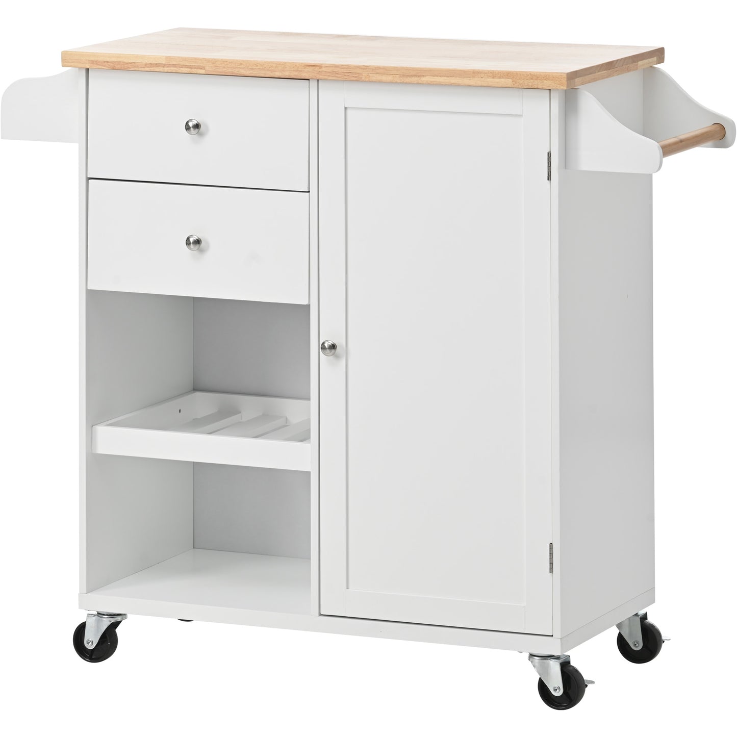 Melysen Kitchen Cart with Spice Rack ,Towel Rack & Two Drawers,Rubber wood top,Kitchen Island with 4 Wheels for Dining Rooms Kitchens Living Rooms, White