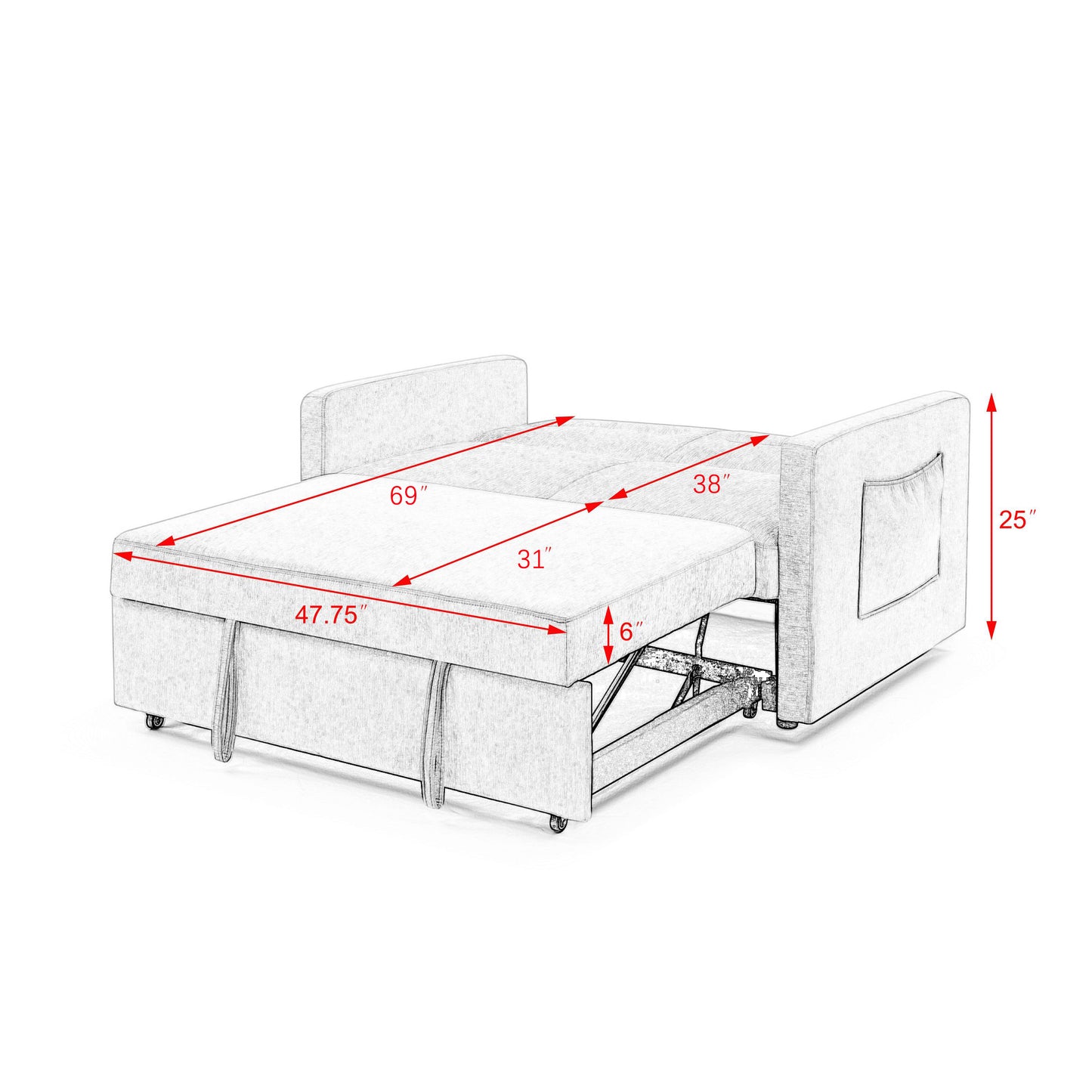 Melysen Loveseats Sofa Bed with Pull-out Bed, Adjsutable Back and Two Arm Pocket