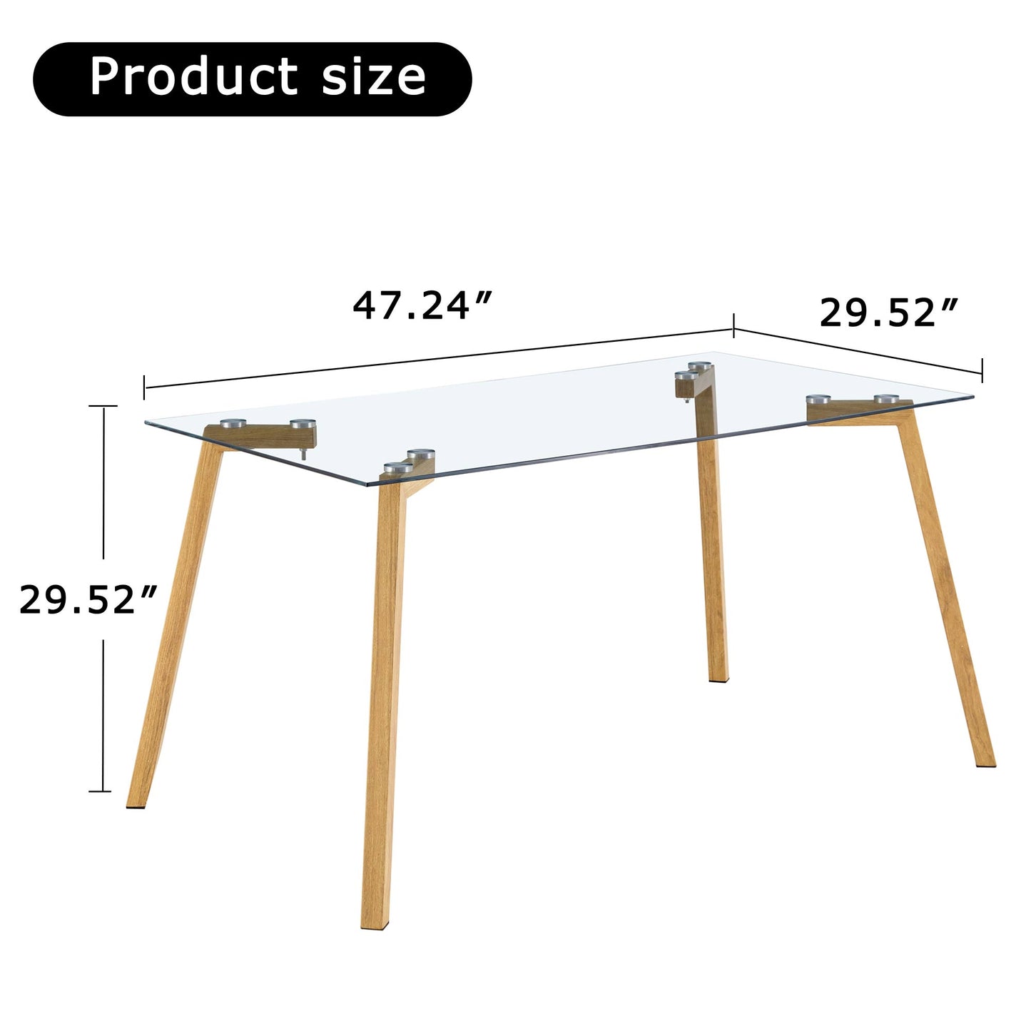 Melysen 1 Table+4 Chairs Set. Glass Dining Table, 0.31"Tempered Glass Tabletop and Wood Grain Metal Table Legs . Table Size: 47" W X 31"D X 30" H 1123