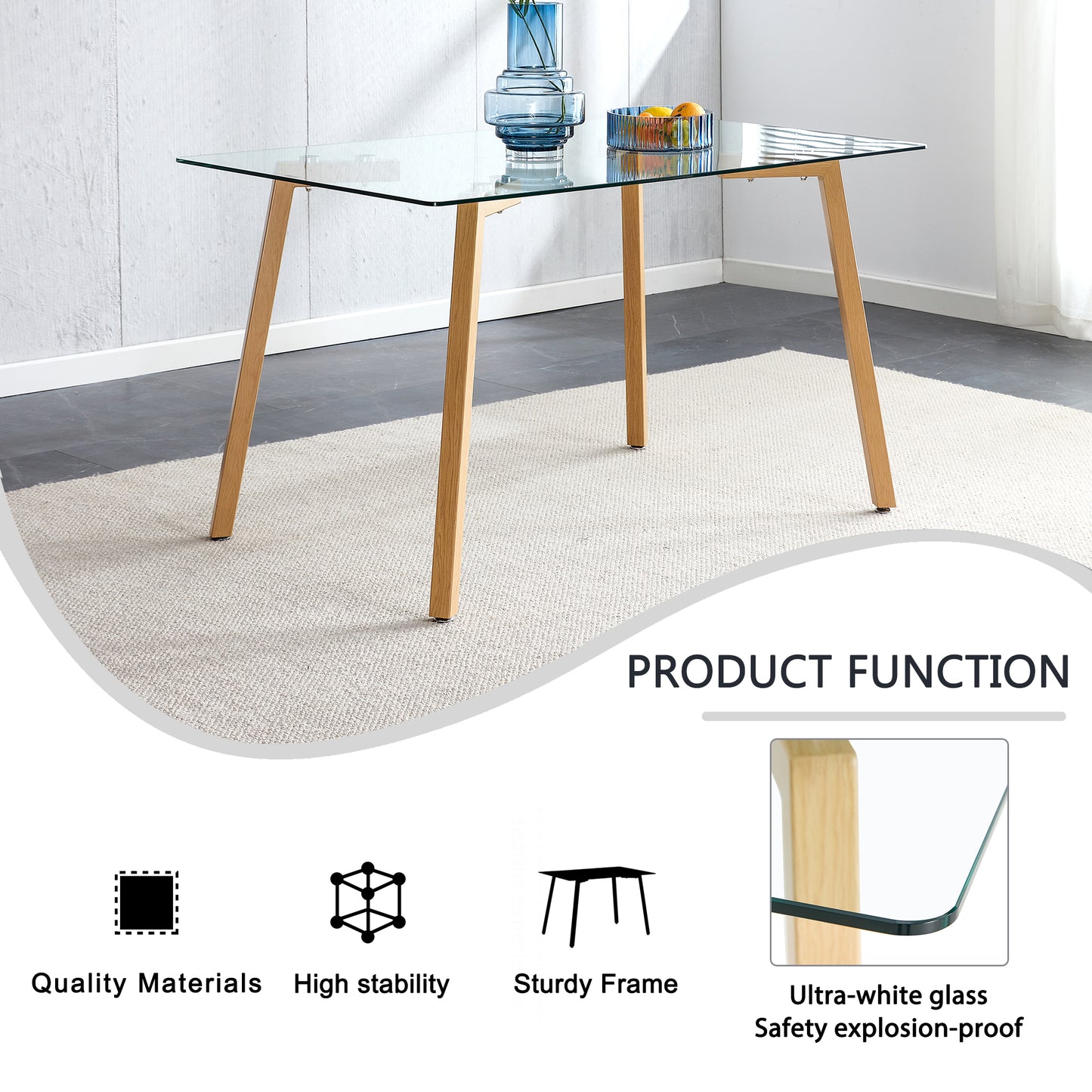 Melysen Glass Dining Table Modern Minimalist Rectangle, 4-6, 0.31"Tempered Glass Tabletop with Wooden Coated Metal Legs, Writing Desk, Suitable For Kitchens, Restaurants, and Living Rooms, 47" W X 31"D X 30"