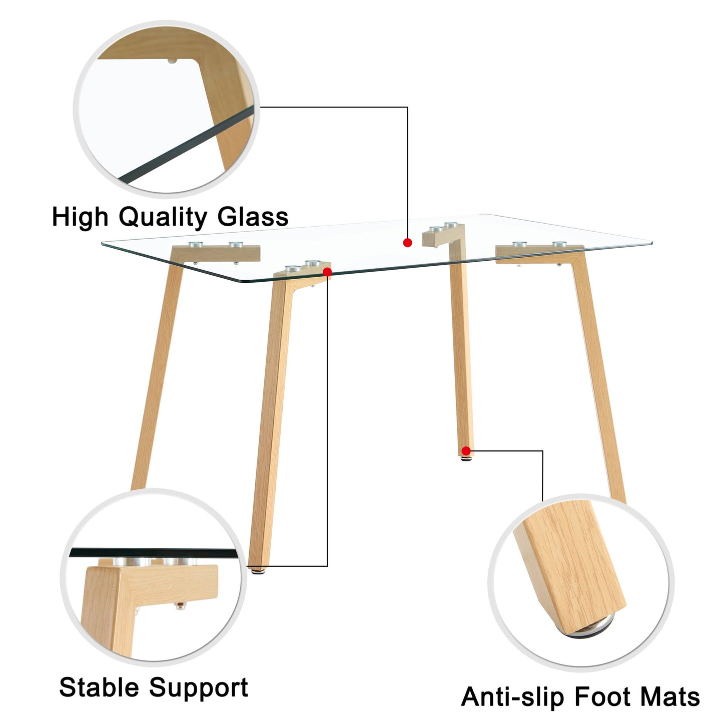 Melysen Glass Dining Table Modern Minimalist Rectangle, 4-6, 0.31"Tempered Glass Tabletop with Wooden Coated Metal Legs, Writing Desk, Suitable For Kitchens, Restaurants, and Living Rooms, 47" W X 31"D X 30"