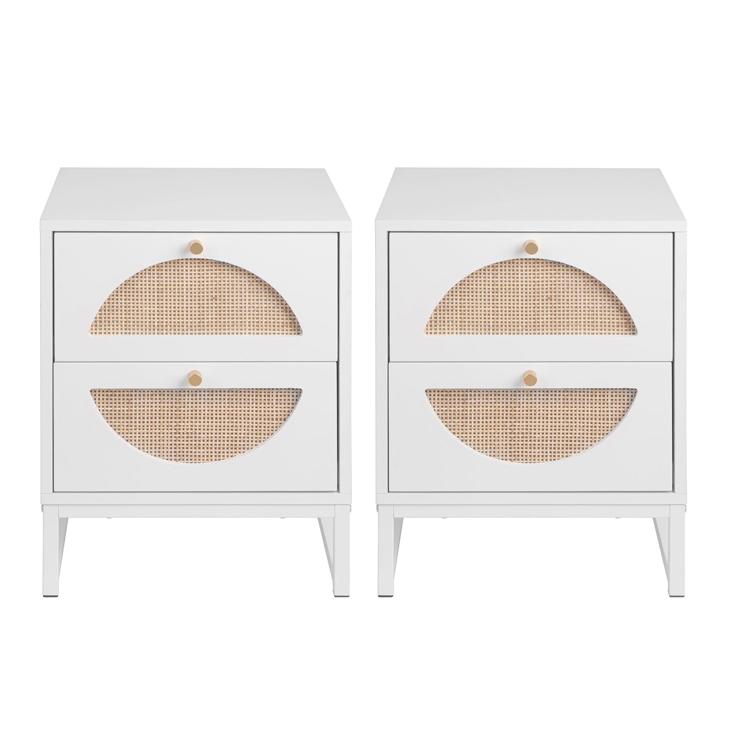 Melysen 2 Drawer Nightstand Set of 2, White, Natural Rattan, Display Rack for Bedroom and Living Room,White