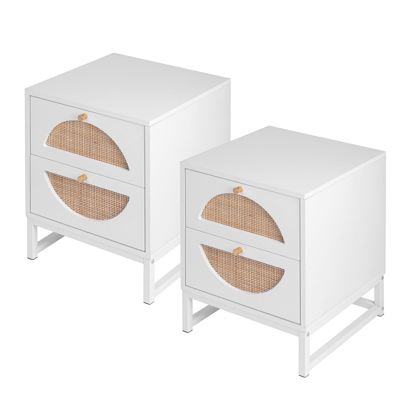 Melysen 2 Drawer Nightstand Set of 2, White, Natural Rattan, Display Rack for Bedroom and Living Room,White