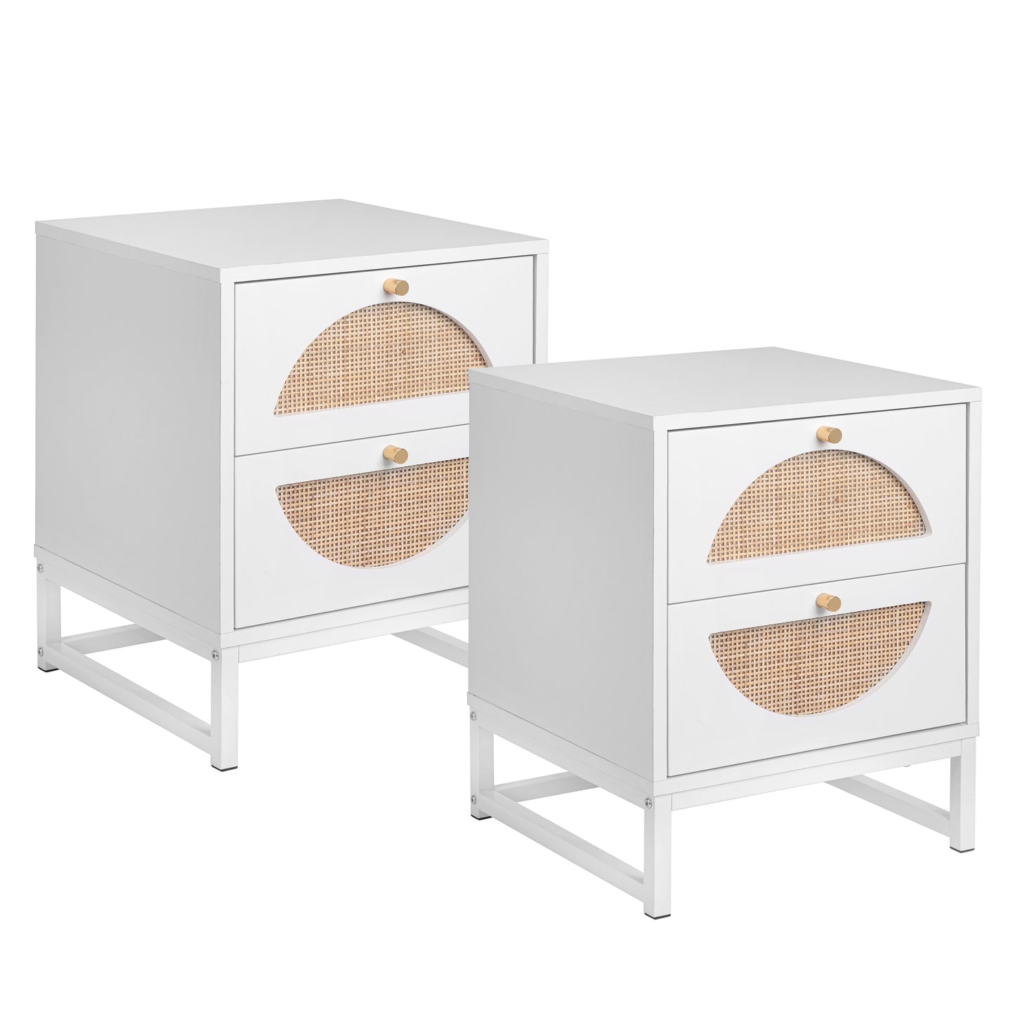 Melysen 2 Drawer Nightstand Set of 2, White, Natural Rattan, Display Rack for Bedroom and Living Room,White