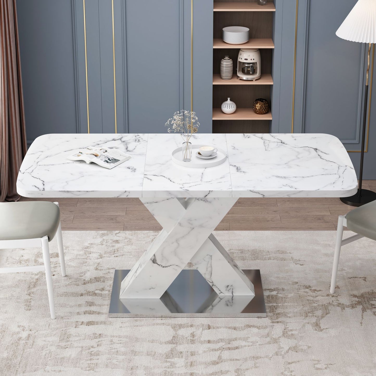 Melysen Modern Square Dining Table, Stretchable, white Marble Table Top and MDF X Shape Table Leg with Metal Base