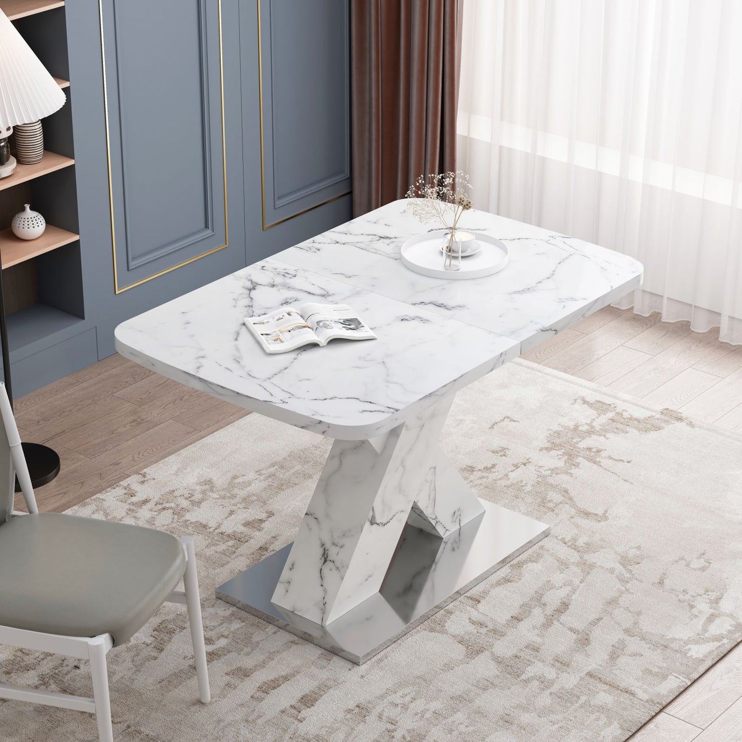 Melysen Modern Square Dining Table, Stretchable, white Marble Table Top and MDF X Shape Table Leg with Metal Base