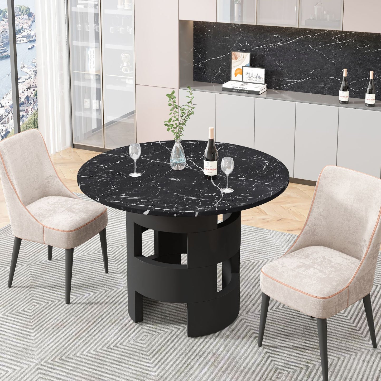 Melysen 42.12"Modern Round Dining Table with Printed Black Marble Table Top for Dining Room, Kitchen, Living Room