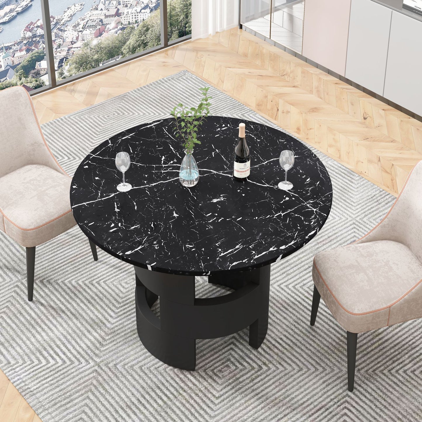 Melysen 42.12"Modern Round Dining Table with Printed Black Marble Table Top for Dining Room, Kitchen, Living Room