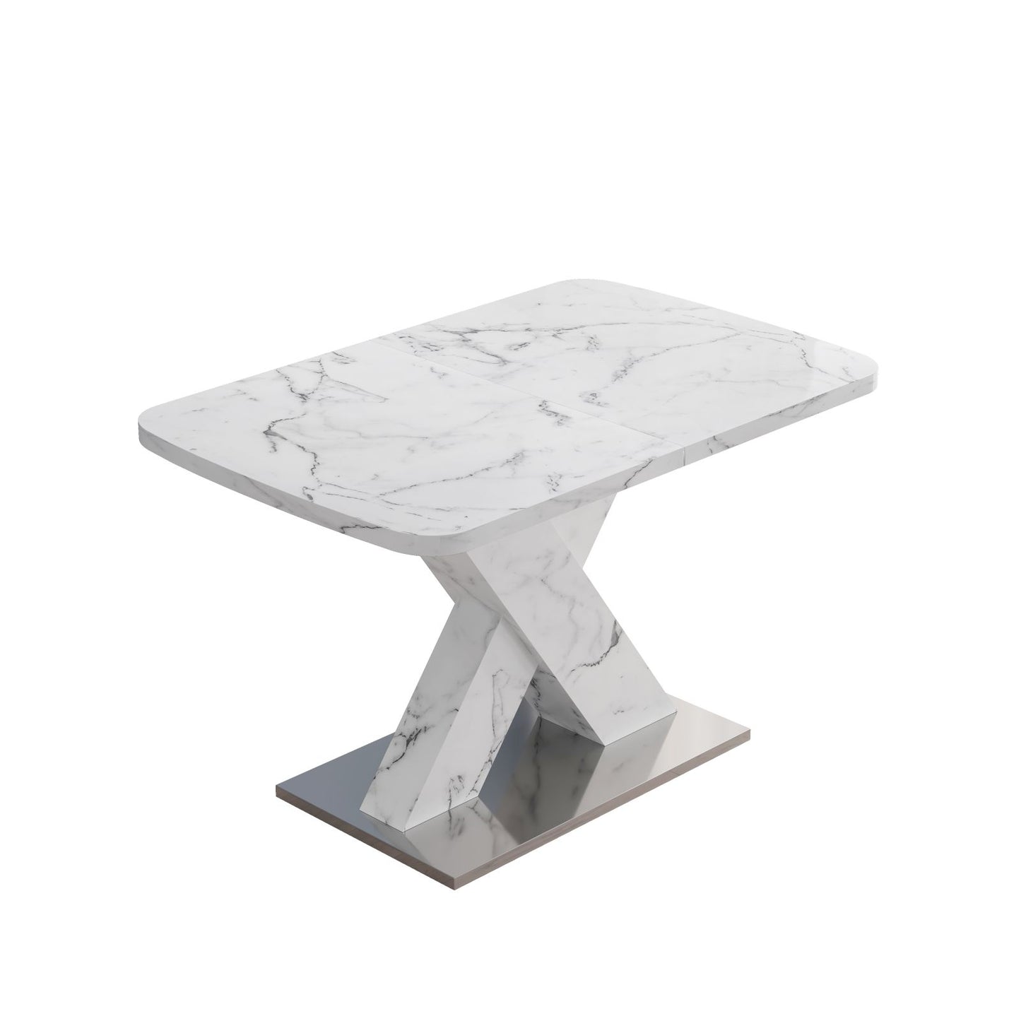 Melysen Modern Square Dining Table, Stretchable, white Marble Table Top and MDF X Shape Table Leg with Metal Base