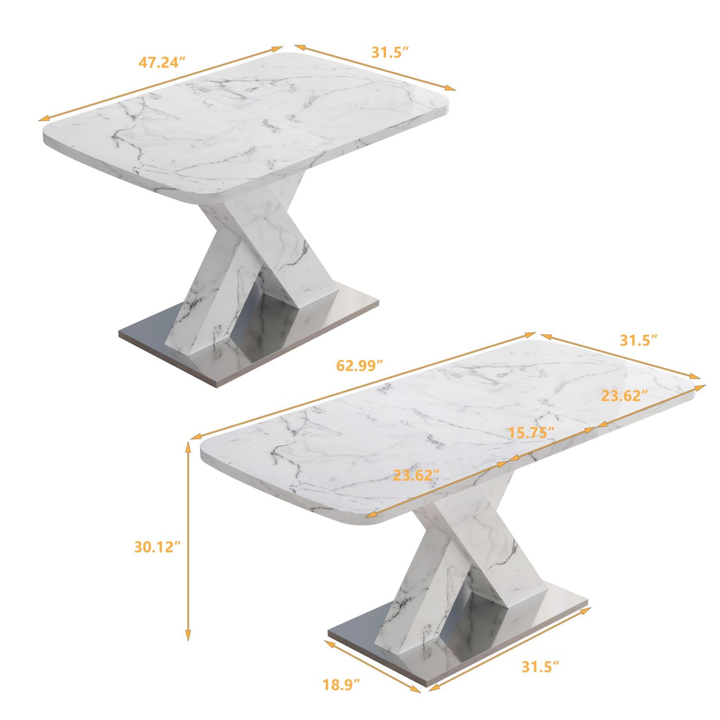 Melysen Modern Square Dining Table, Stretchable, white Marble Table Top and MDF X Shape Table Leg with Metal Base