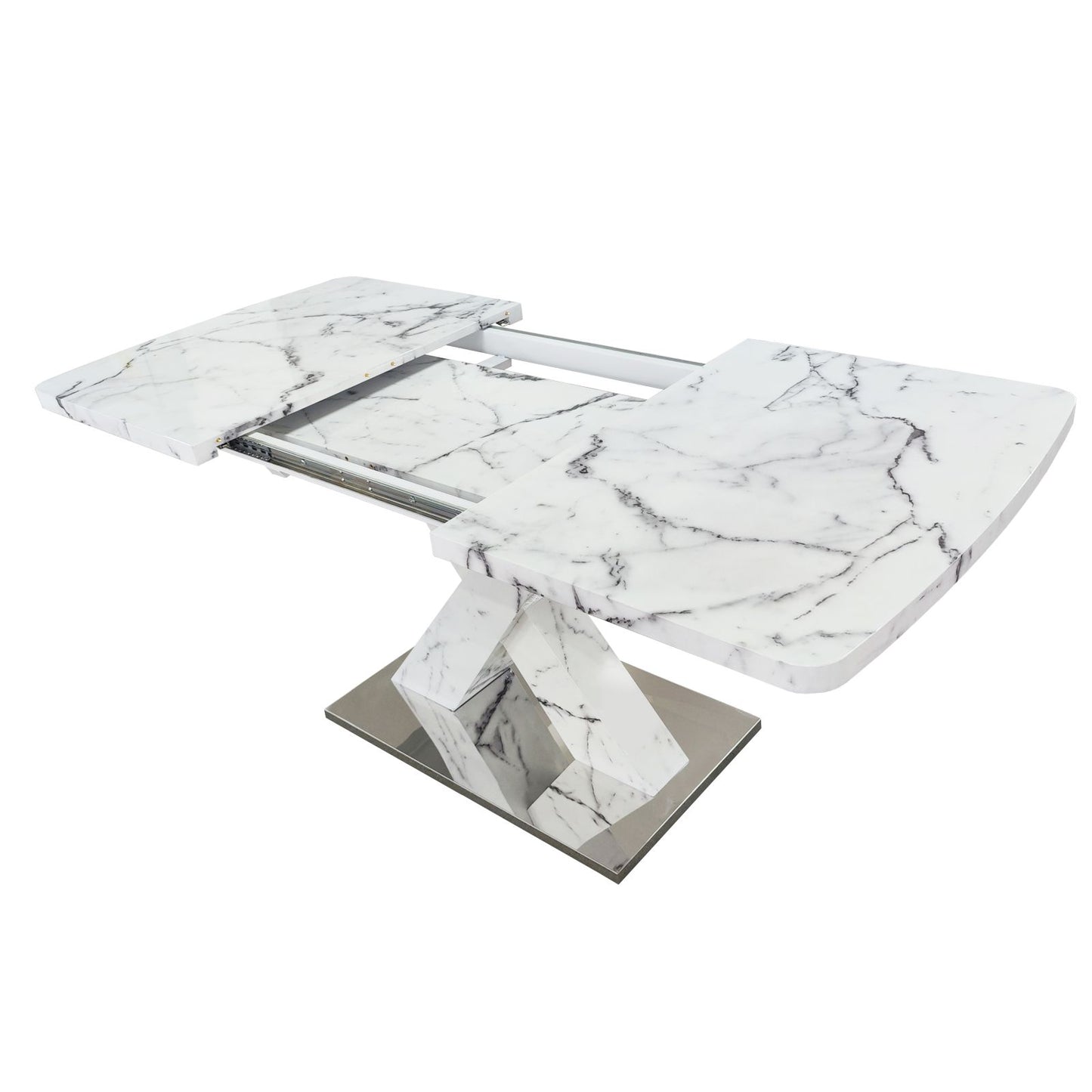 Melysen Modern Square Dining Table, Stretchable, white Marble Table Top and MDF X Shape Table Leg with Metal Base