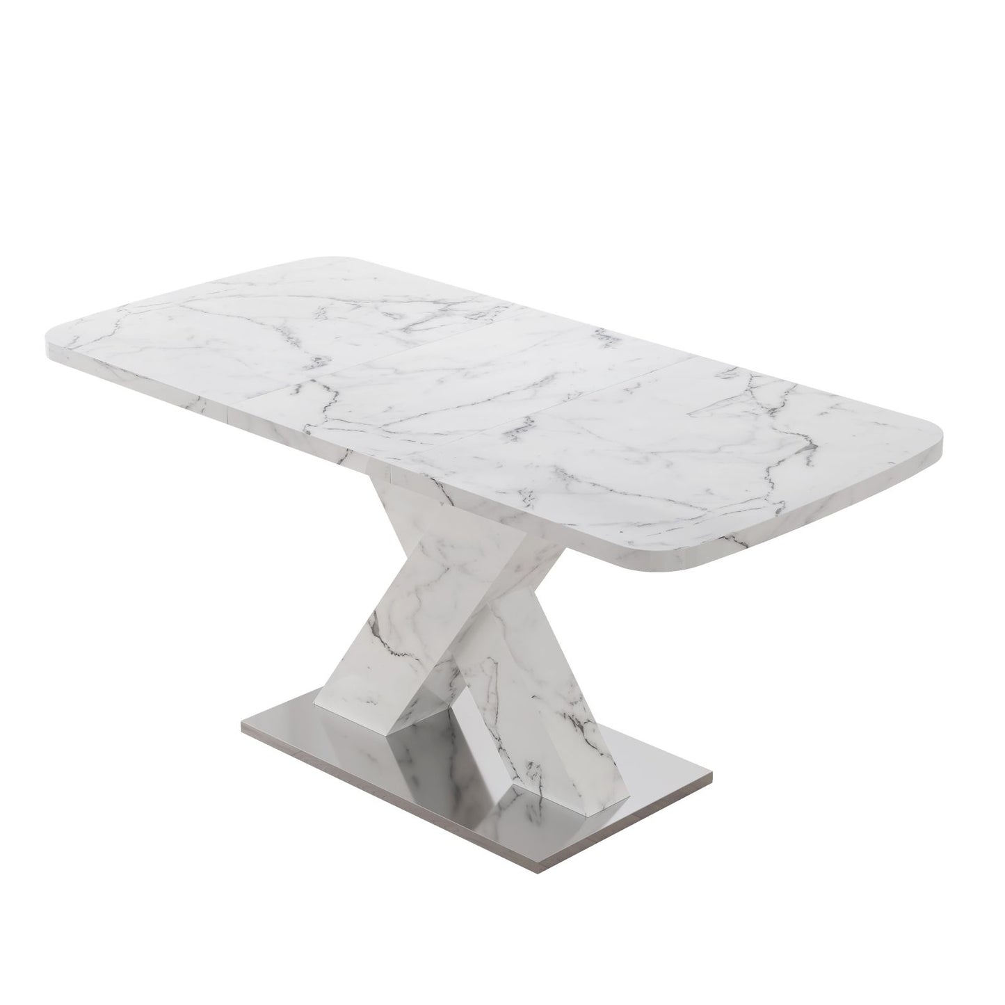 Melysen Modern Square Dining Table, Stretchable, white Marble Table Top and MDF X Shape Table Leg with Metal Base