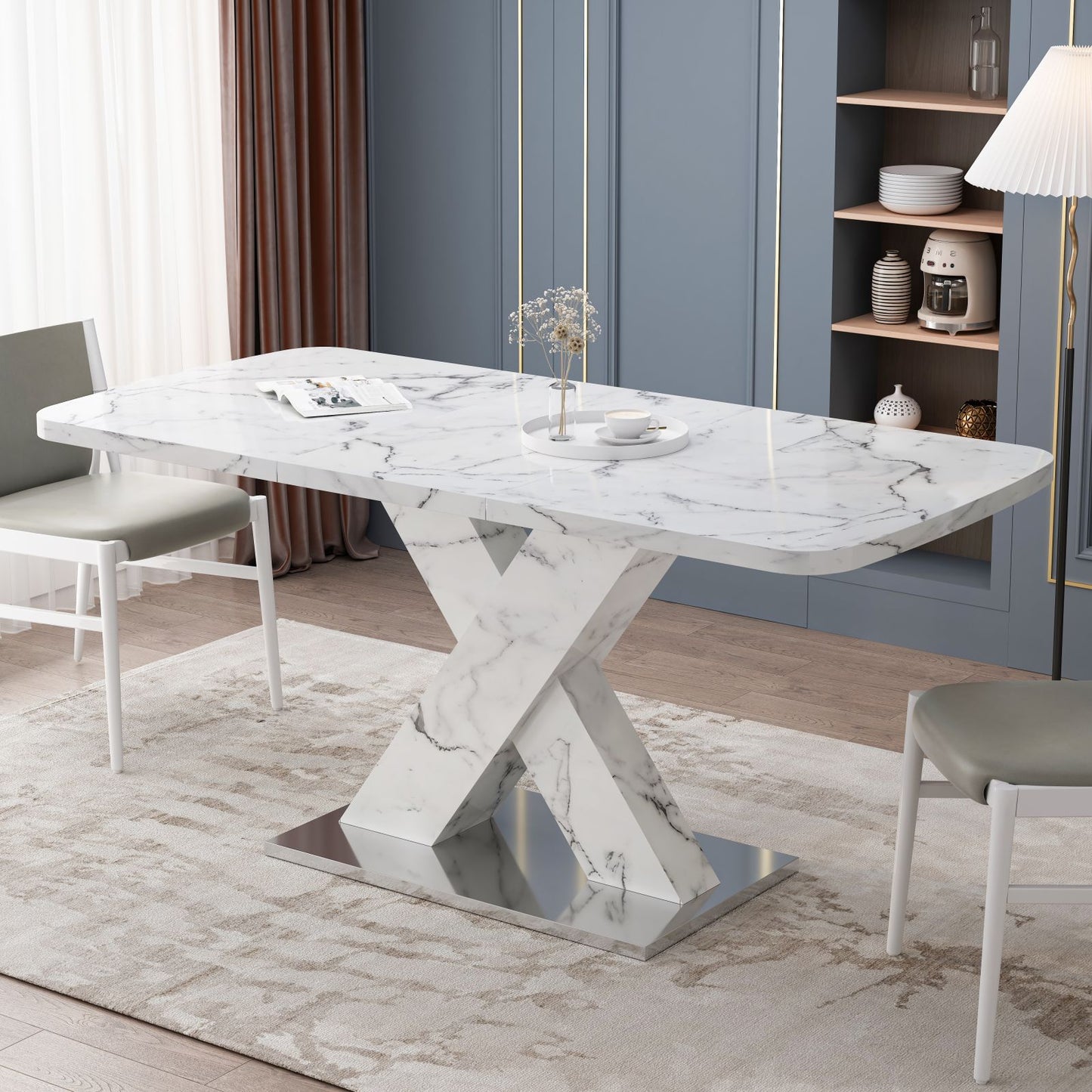 Melysen Modern Square Dining Table, Stretchable, white Marble Table Top and MDF X Shape Table Leg with Metal Base