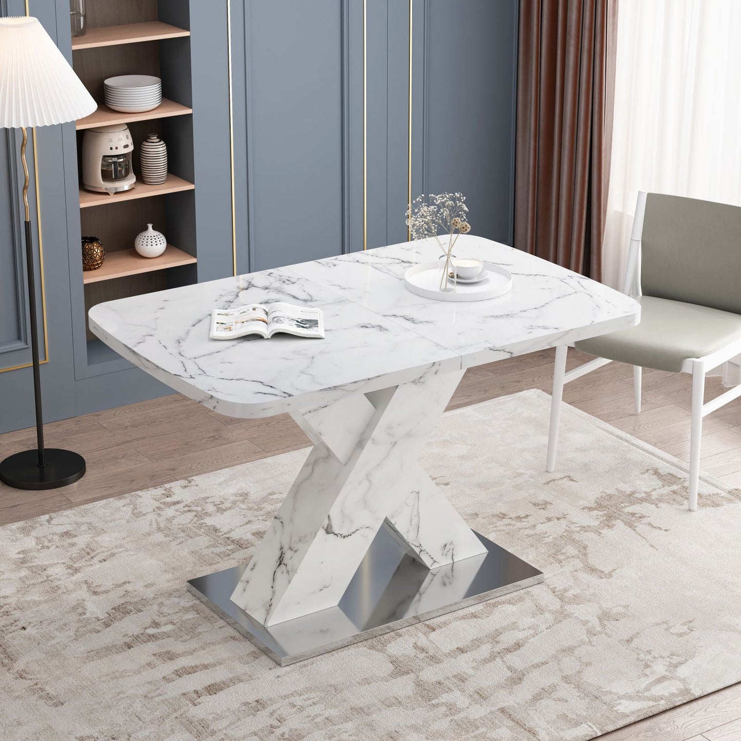 Melysen Modern Square Dining Table, Stretchable, white Marble Table Top and MDF X Shape Table Leg with Metal Base