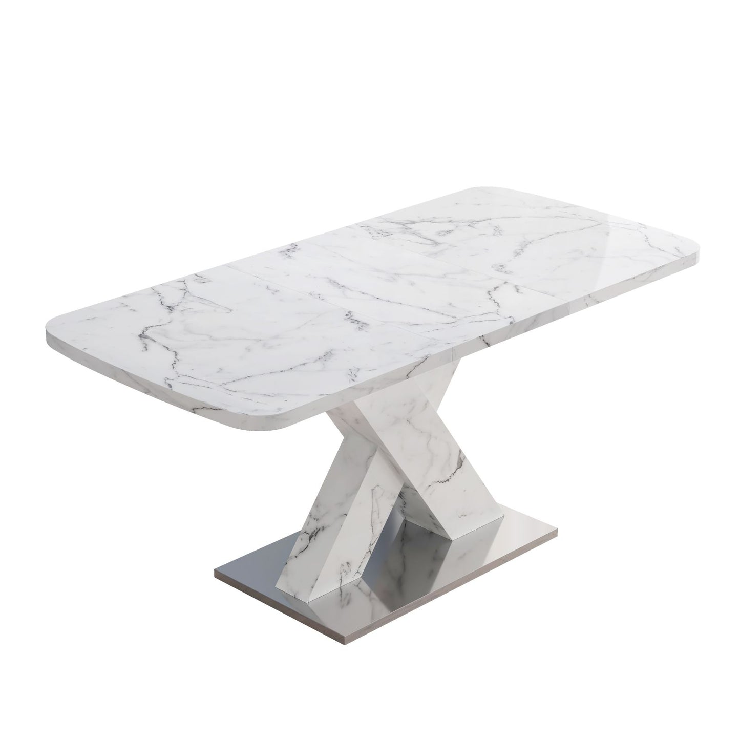 Melysen Modern Square Dining Table, Stretchable, white Marble Table Top and MDF X Shape Table Leg with Metal Base