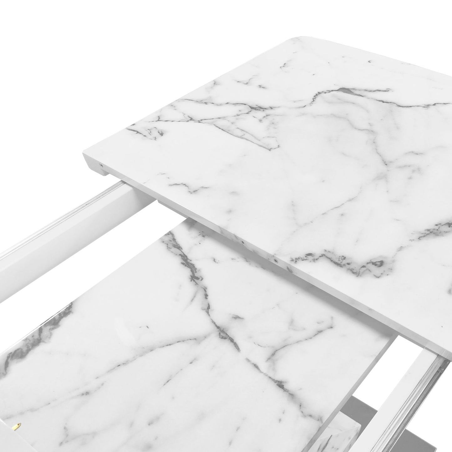 Melysen Modern Square Dining Table, Stretchable, white Marble Table Top and MDF X Shape Table Leg with Metal Base