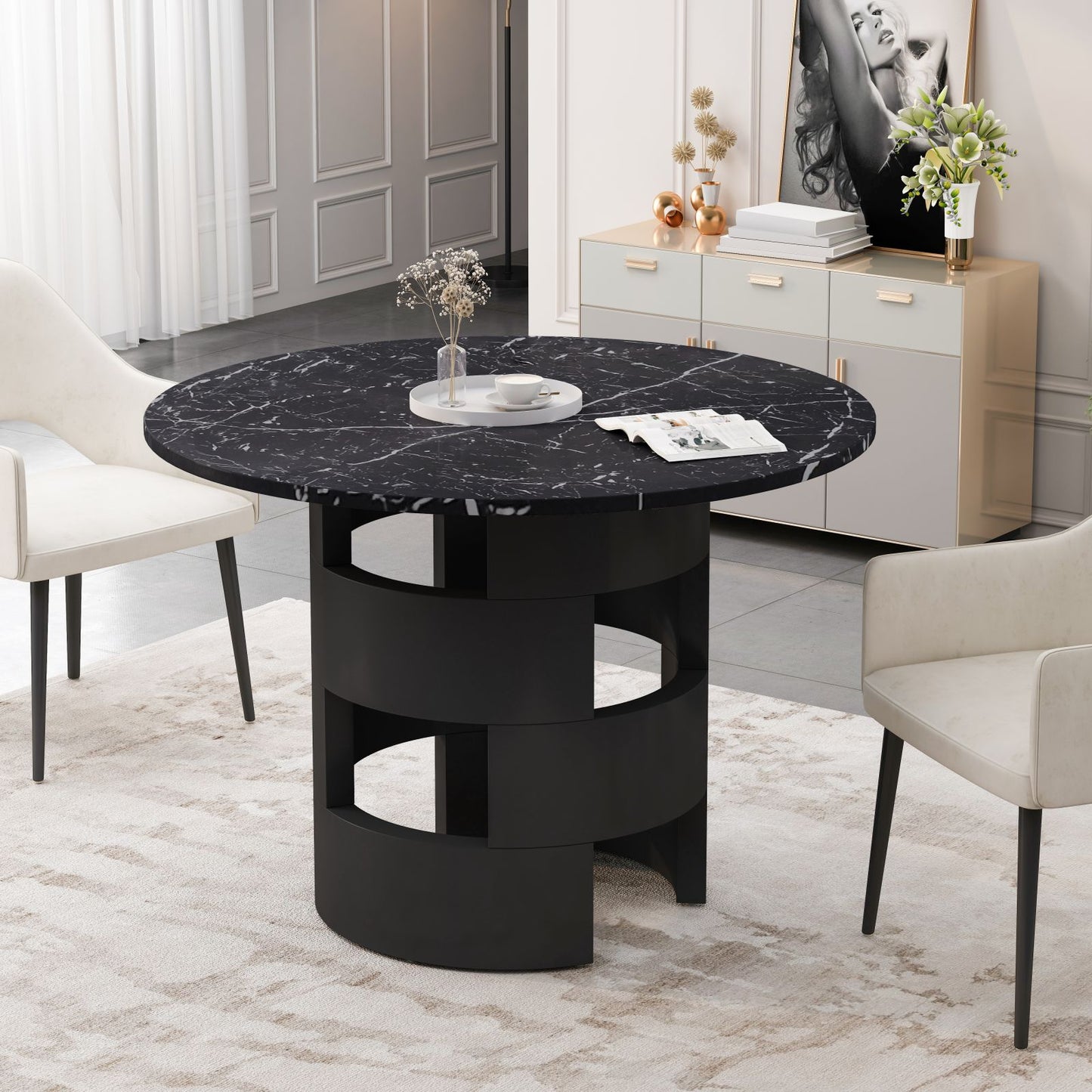 Melysen 42.12"Modern Round Dining Table with Printed Black Marble Table Top for Dining Room, Kitchen, Living Room