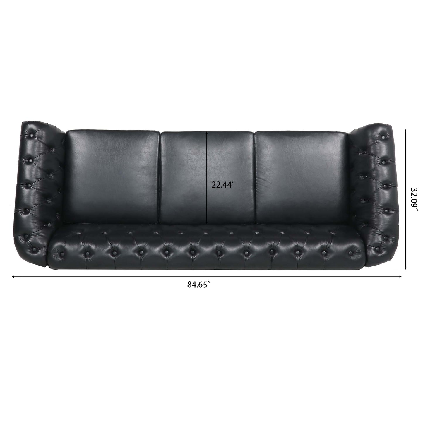 Melysen 84.65" Pu Rolled Arm Chesterfield 3seater Sofa,Black