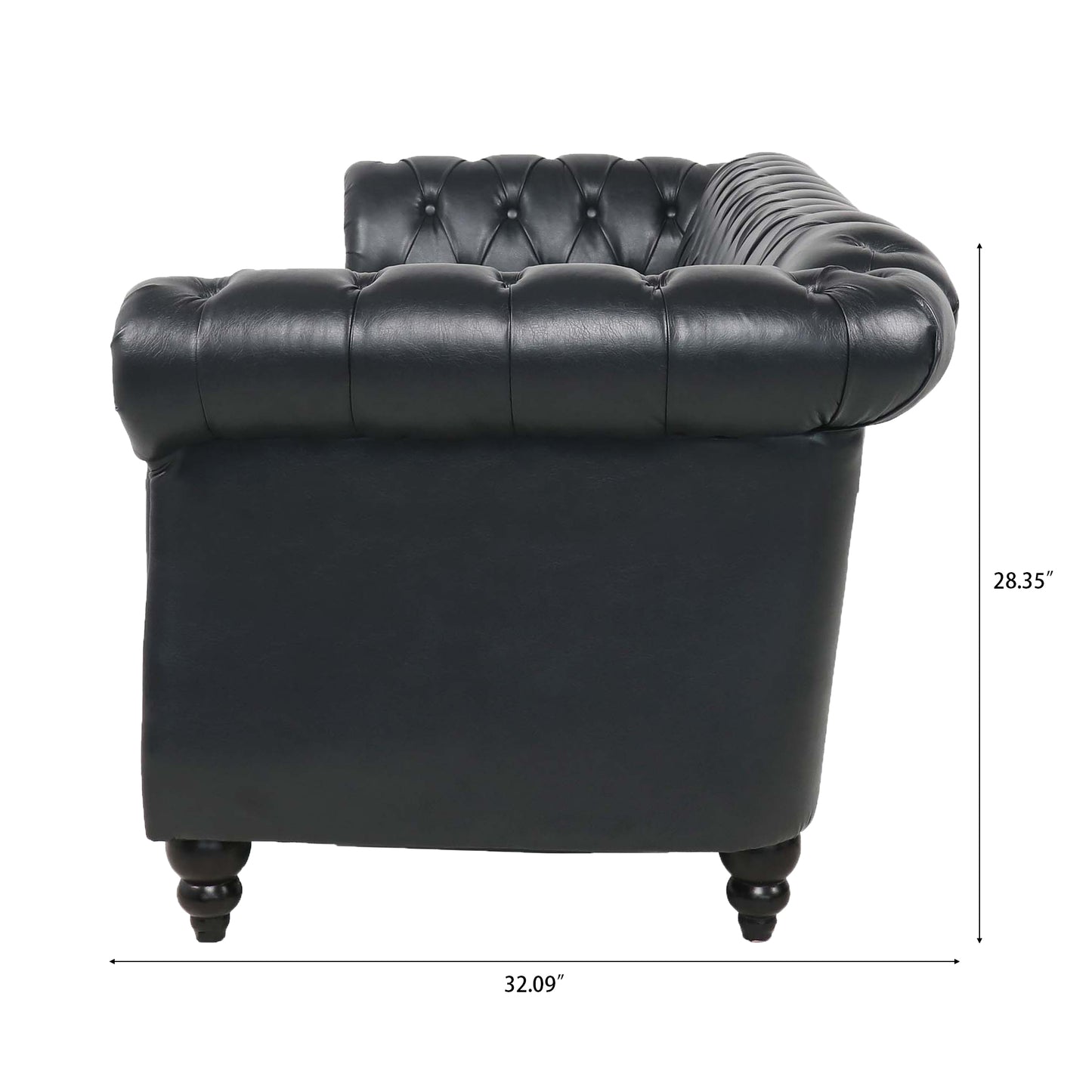 Melysen 84.65" Pu Rolled Arm Chesterfield 3seater Sofa,Black