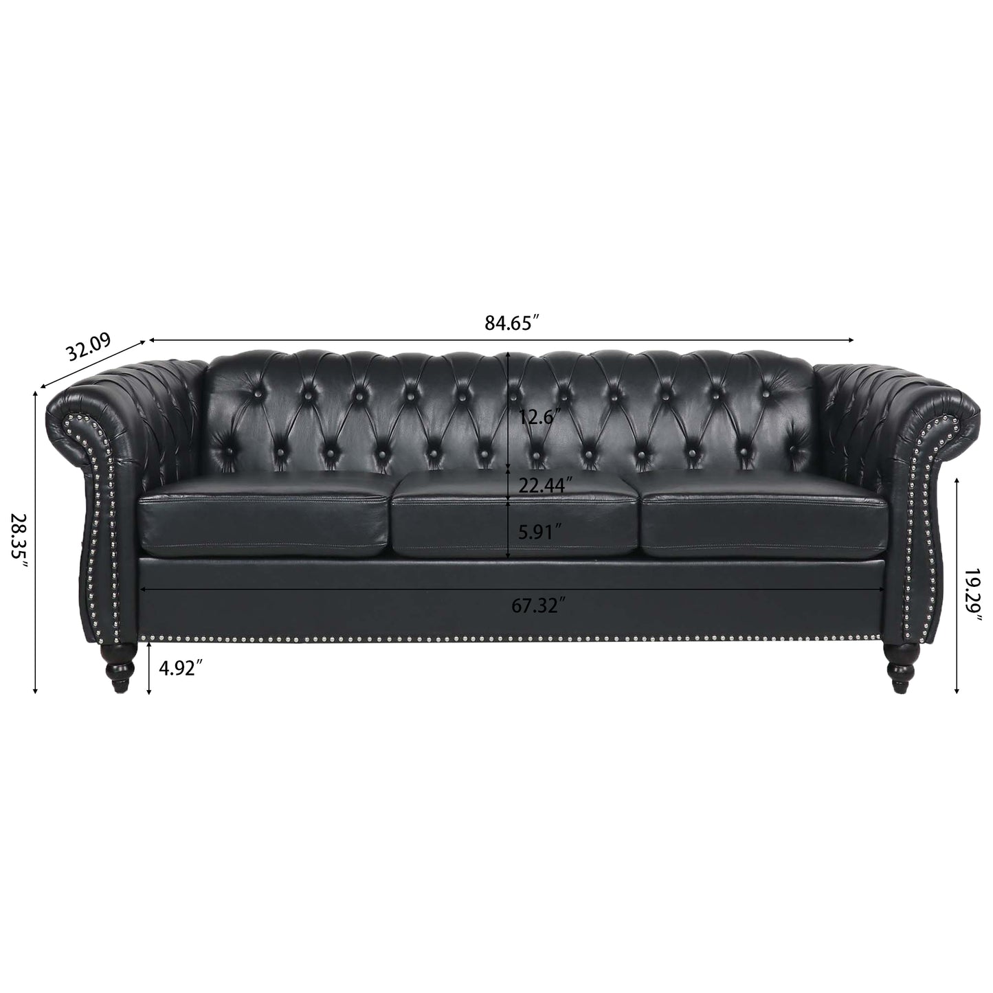 Melysen 84.65" Pu Rolled Arm Chesterfield 3seater Sofa,Black