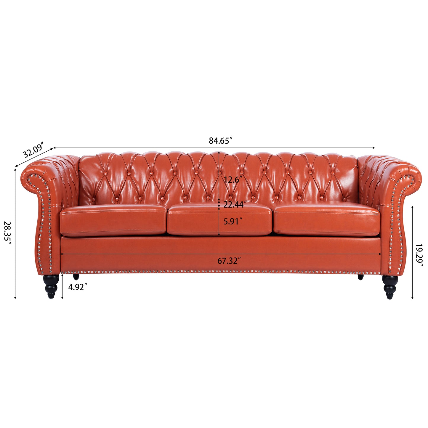 Melysen 84.65" Pu Rolled Arm Chesterfield 3seater Sofa,Orange