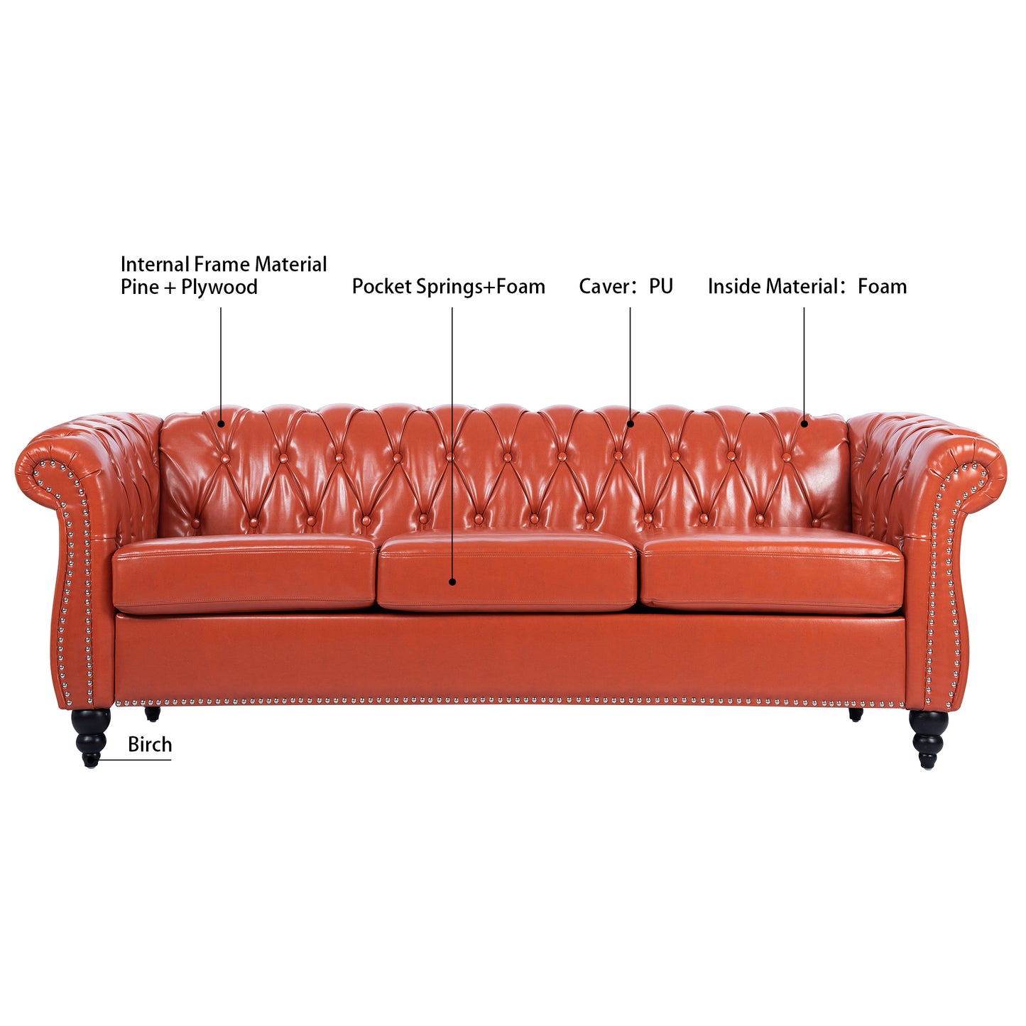 Melysen 84.65" Pu Rolled Arm Chesterfield 3seater Sofa,Orange