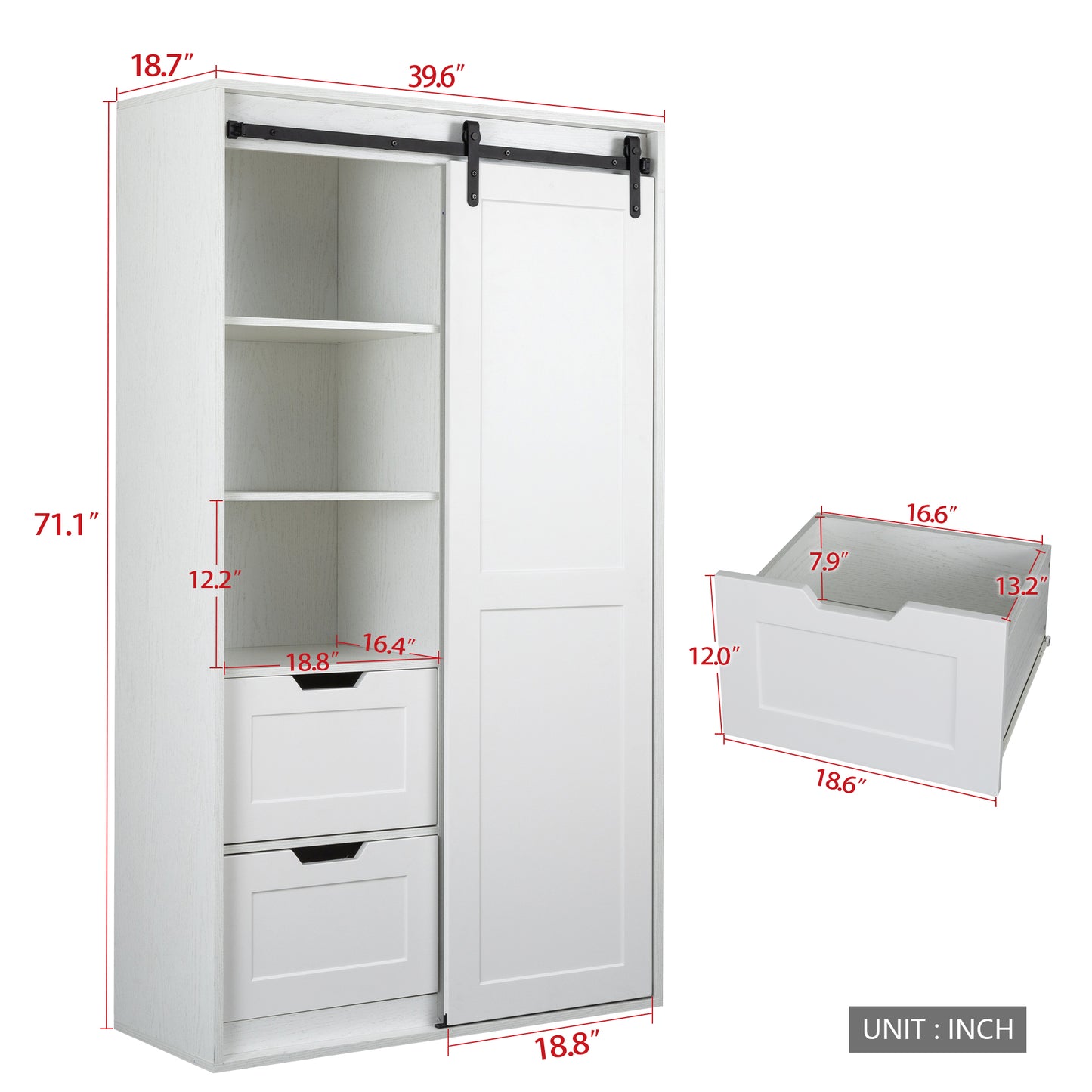 71" Farm Slide Warehouse Door Large Closet Wardrobe, White