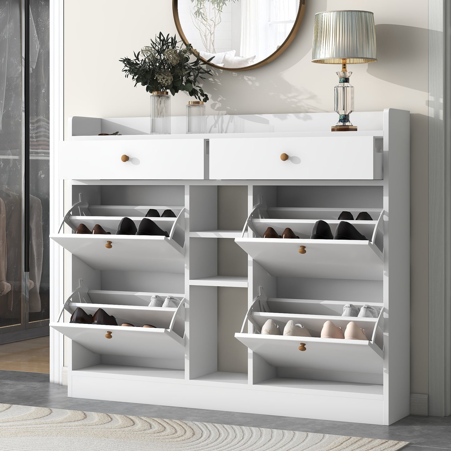 Melysen Modern Shoe Cabinet with 4 Flip Drawers, Multifunctional 2-Tier Shoe Storage Organizer with Drawers, Free Standing Shoe Rack for Entrance Hallway, White.