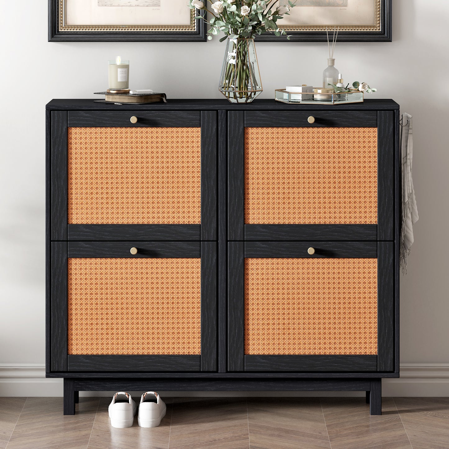 Melysen Rattan Boho Style Shoe Cabinet with 4 Flip Drawers, Modern 2-Tier Shoe Storage Organizer with Large Space, Free Standing Shoe Rack for Entrance Hallway, Black