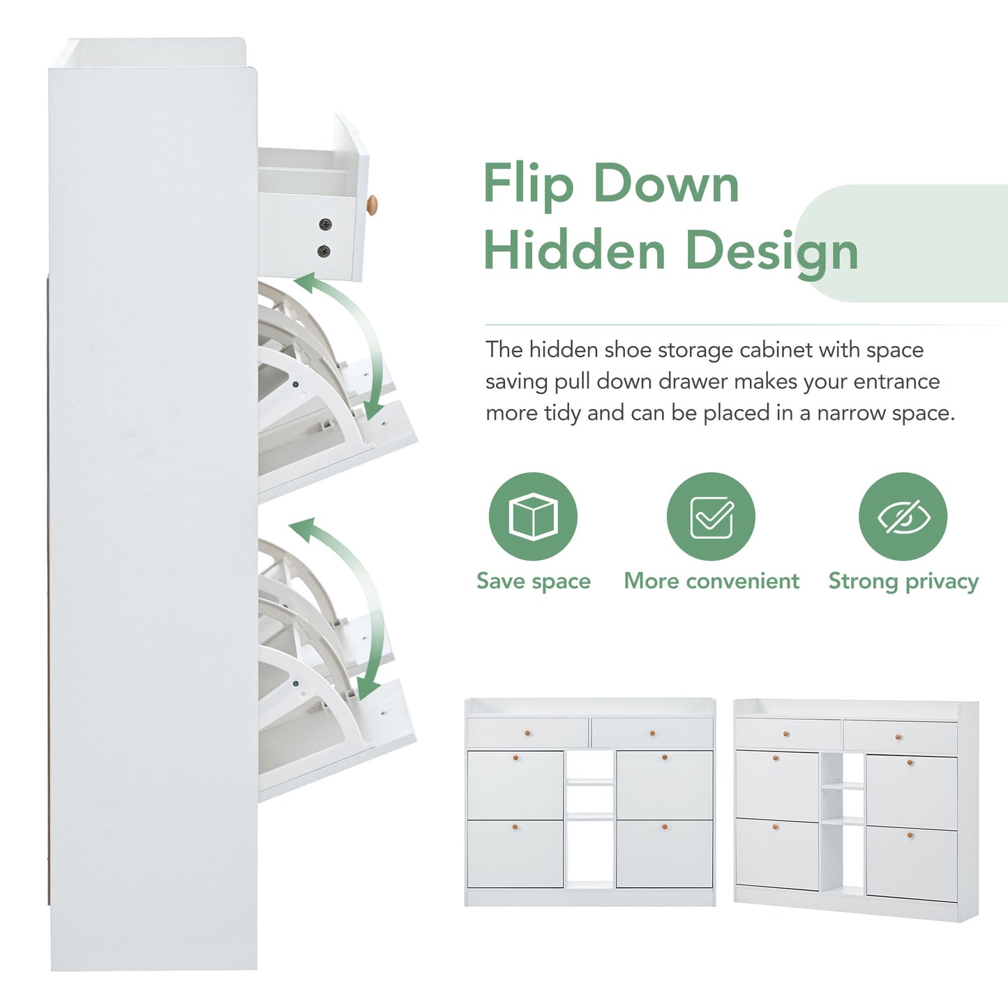 Melysen Modern Shoe Cabinet with 4 Flip Drawers, Multifunctional 2-Tier Shoe Storage Organizer with Drawers, Free Standing Shoe Rack for Entrance Hallway, White.