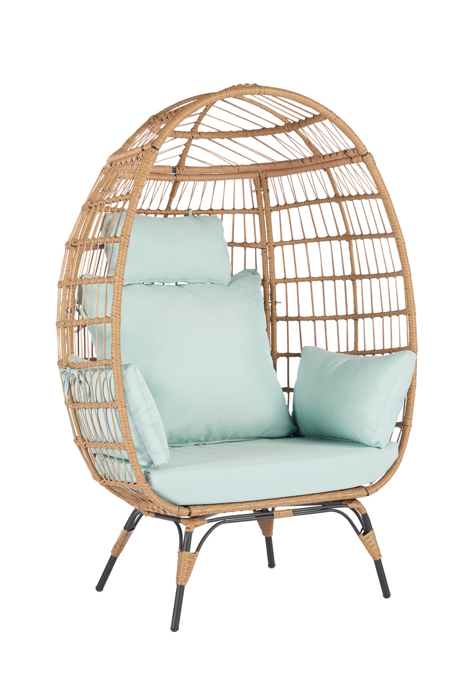 Melysen Wicker Egg Chair, Oversized Indoor Outdoor Lounger for Patio, Backyard, Living Room w/ 5 Cushions, Steel Frame, 440lb Capacity - Light Blue