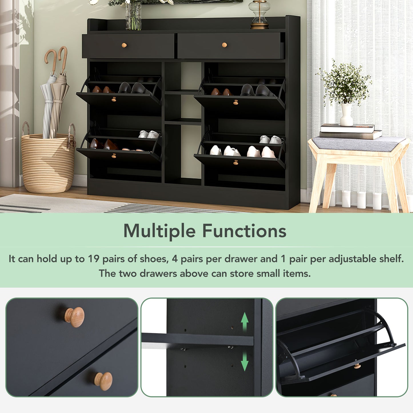 Melysen Modern Shoe Cabinet with 4 Flip Drawers, Multifunctional 2-Tier Shoe Storage Organizer with Drawers, Free Standing Shoe Rack for Entrance Hallway, Black.