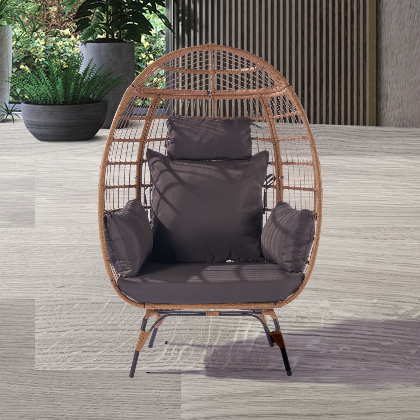 Melysen Wicker Egg Chair, Oversized Indoor Outdoor Lounger for Patio, Backyard, Living Room w/ 5 Cushions, Steel Frame, 440lb Capacity - Dark Grey