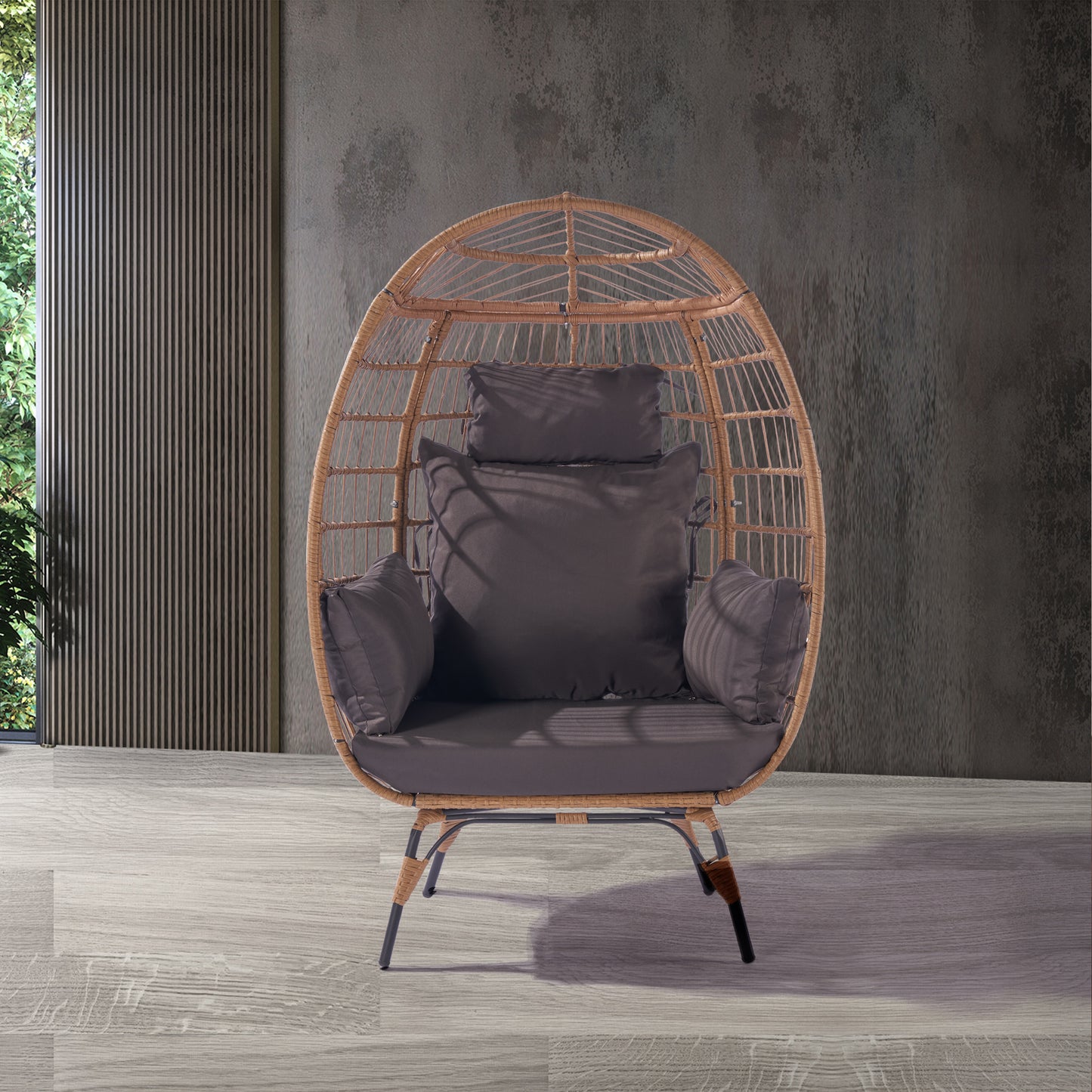 Melysen Wicker Egg Chair, Oversized Indoor Outdoor Lounger for Patio, Backyard, Living Room w/ 5 Cushions, Steel Frame, 440lb Capacity - Dark Grey