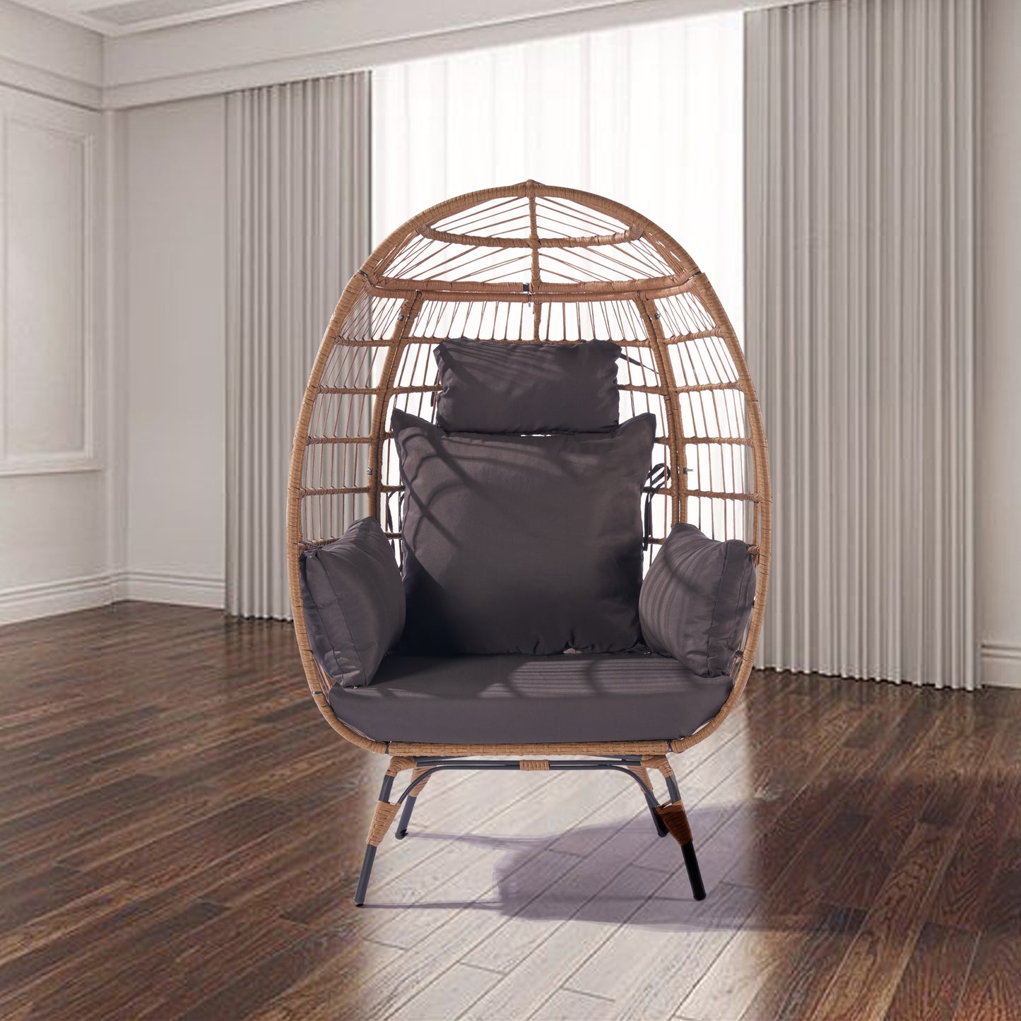 Melysen Wicker Egg Chair, Oversized Indoor Outdoor Lounger for Patio, Backyard, Living Room w/ 5 Cushions, Steel Frame, 440lb Capacity - Dark Grey