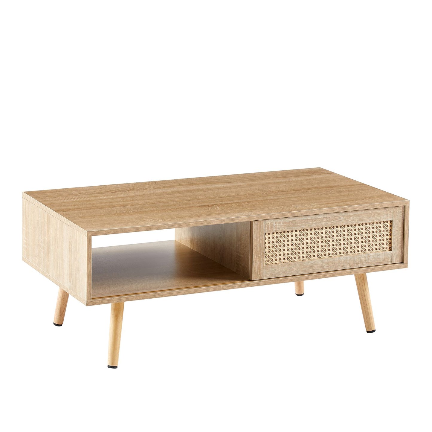 Melysen 41.34" Rattan Coffee table, sliding door for storage, solid wood legs, Modern table  for living room , natural